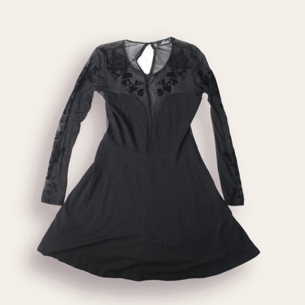 Motel Rocks Sheer Lace Long Sleeve Black Mini Dress